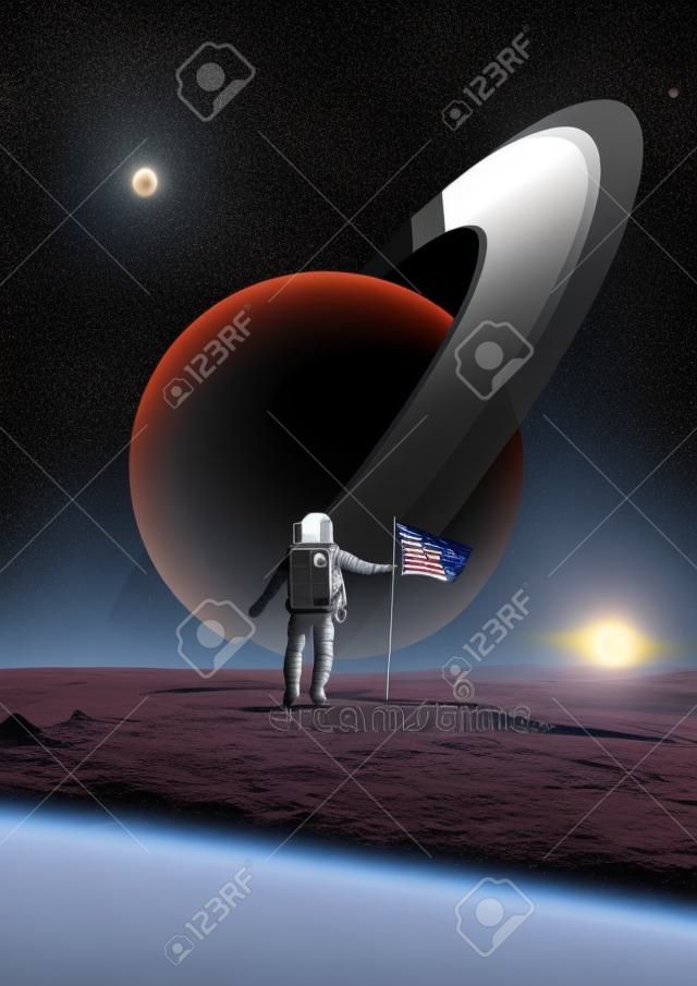 Un astronauta pianta una bandiera su un pianeta lontano contro un pianeta con gli anelli gigante gassoso. illustrazione di vettore