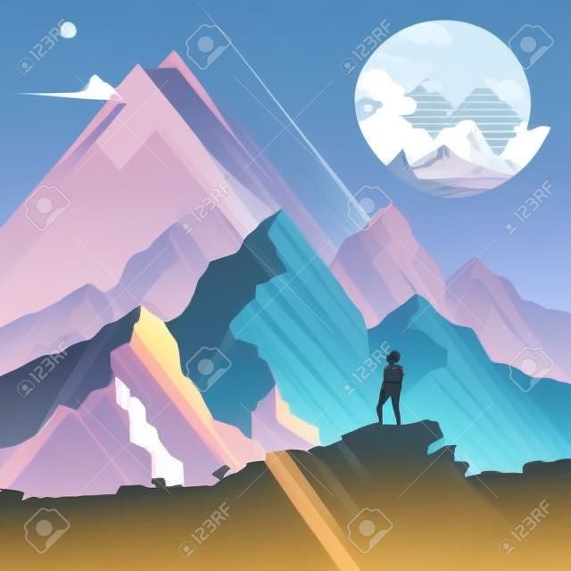 A woman hiking through a scenic mountain pathway stops to admire the view. Vector illustration
