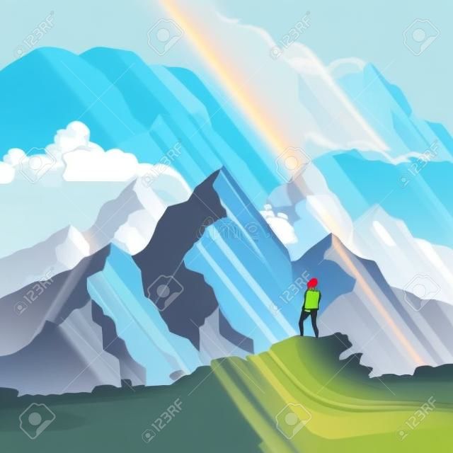 Egy nő túrázás egy festői hegyi út megáll megcsodálni a kilátást. Vektor illusztráció