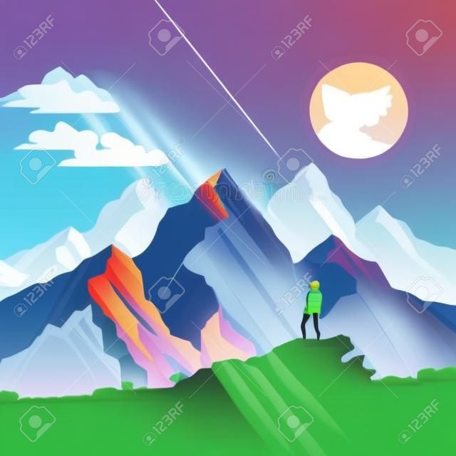 A woman hiking through a scenic mountain pathway stops to admire the view. Vector illustration