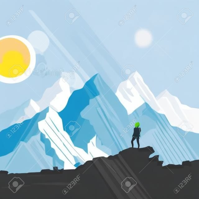 Une femme randonnée dans un sentier de montagne pittoresque arrête pour admirer la vue. Vector illustration