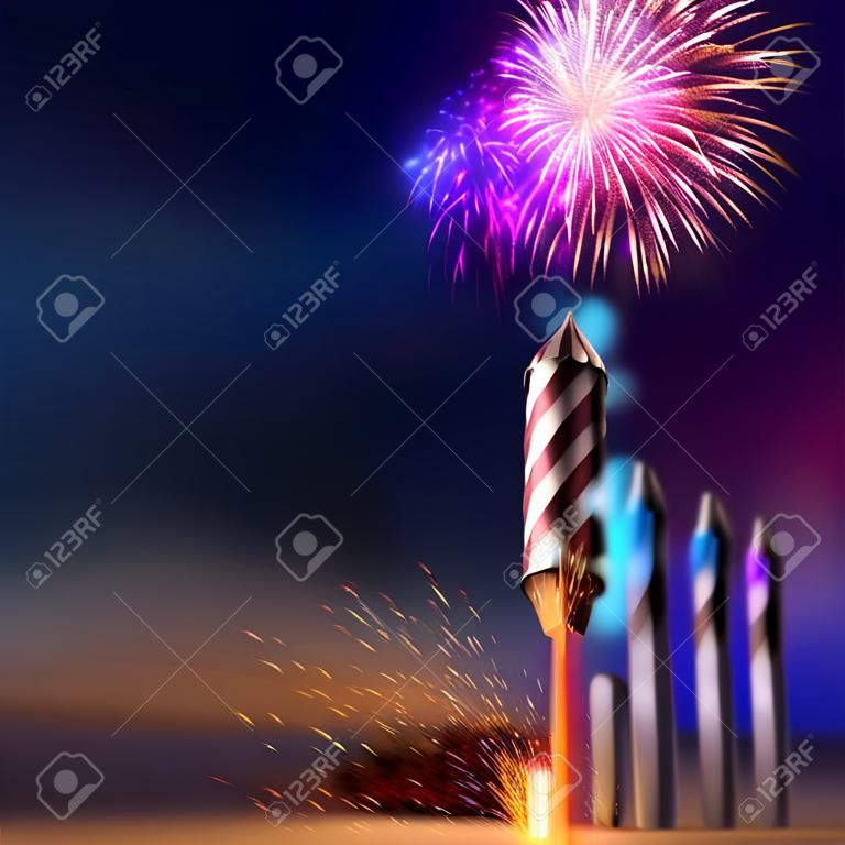 Drámai alacsony, szög, egy meggyújtott tűzijáték rakéta biztosíték, hogy indítson. Tűzijáték esemény háttér. 3d illusztráció.