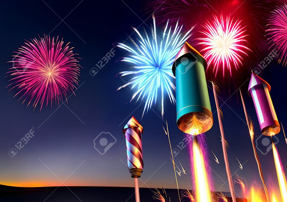 fusées de feux d'artifice de lancement dans le ciel nocturne. Feux d'artifice événement fond. illustration 3D.