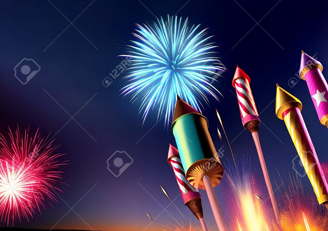 Firework rockets launching into the night sky.  Fireworks event background. 3D illustration.