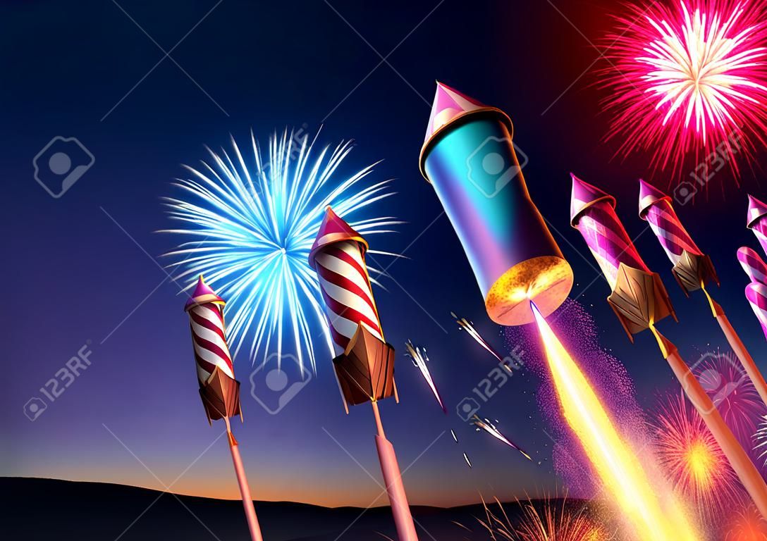 Firework rockets launching into the night sky.  Fireworks event background. 3D illustration.