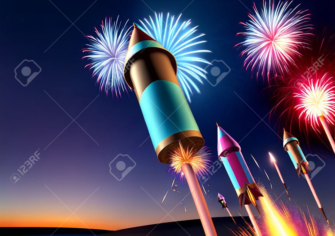 煙花火箭發射到夜空。煙花事件的背景。三維圖。