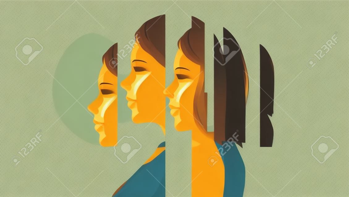 Eine Frau, die sich mit psychischen Problemen befasst, zeigt die verschiedenen Gesichter des Umgangs mit persönlichen Problemen. Konzept für Angst, Depression und Achtsamkeit. Vektor-Illustration.