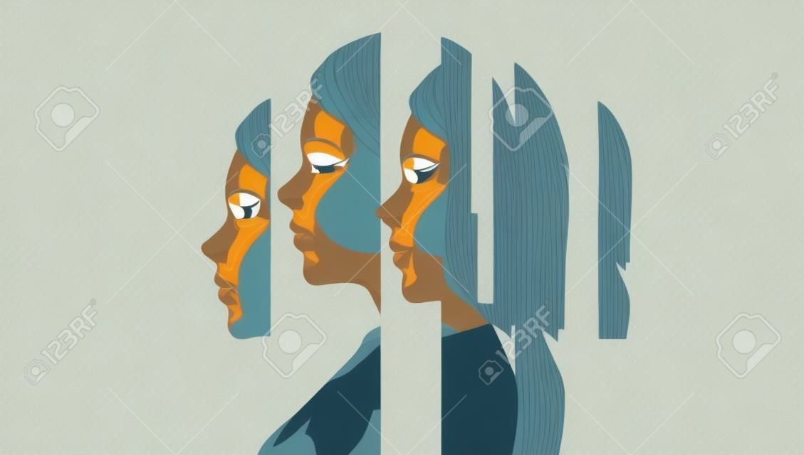 Uma mulher lidando com problemas de saúde mental mostrando as diferentes faces de lidar com questões pessoais. Conceito de ansiedade, depressão e consciência plena. Ilustração vetorial.