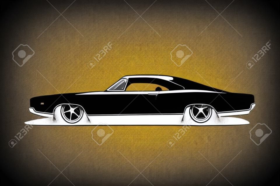 Classic tuning car with big wheels, power motor and low cars compilation. American gangsta style black white flat vector design. Symbol vehicle for print or web icon.