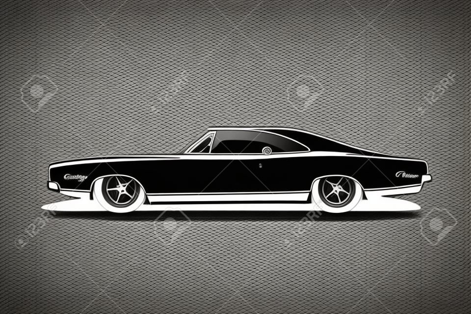 Klassieke tuning auto met grote wielen, power motor en lage auto's compilatie. Amerikaanse gangsta stijl zwart wit platte vector ontwerp. Symbool voertuig voor print of web pictogram.