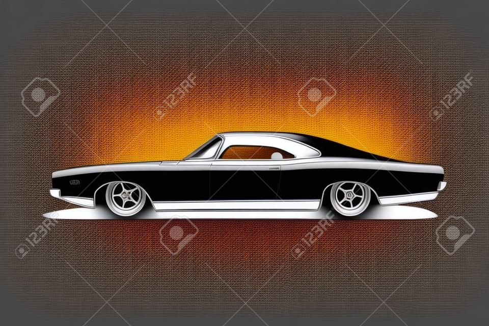 Classic tuning car with big wheels, power motor and low cars compilation. American gangsta style black white flat vector design. Symbol vehicle for print or web icon.