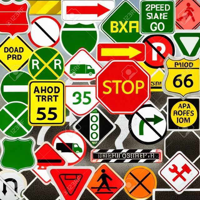 Collage de panneaux routiers et trafic