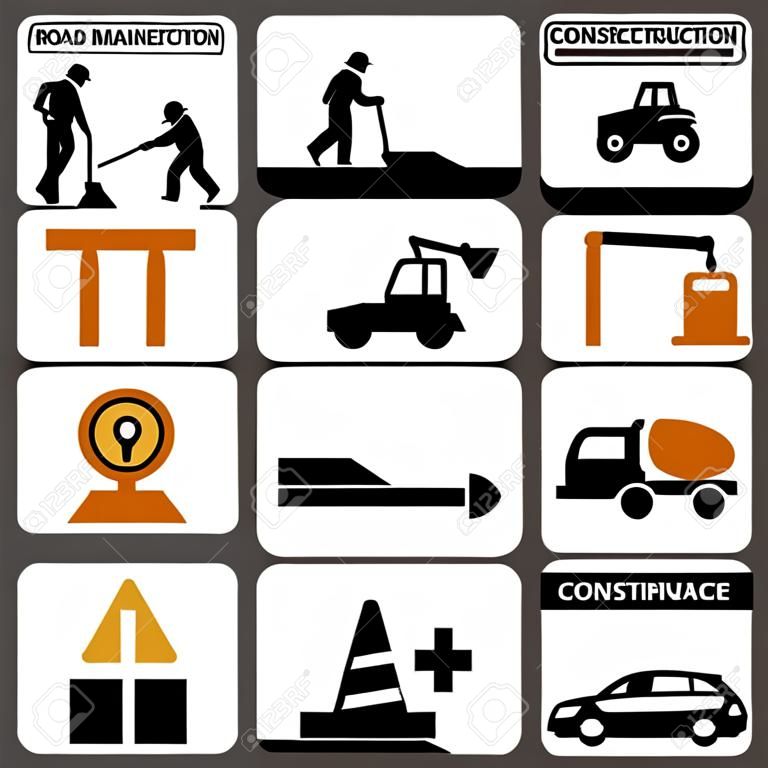 Road repair, construction and maintenance icon set