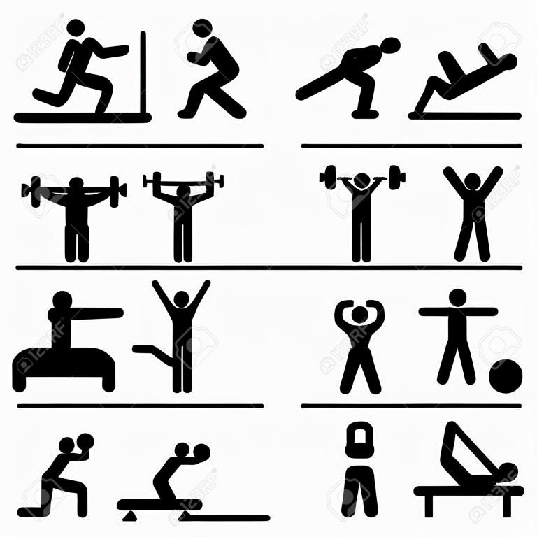 Exercise, fitness, health and gym icon set