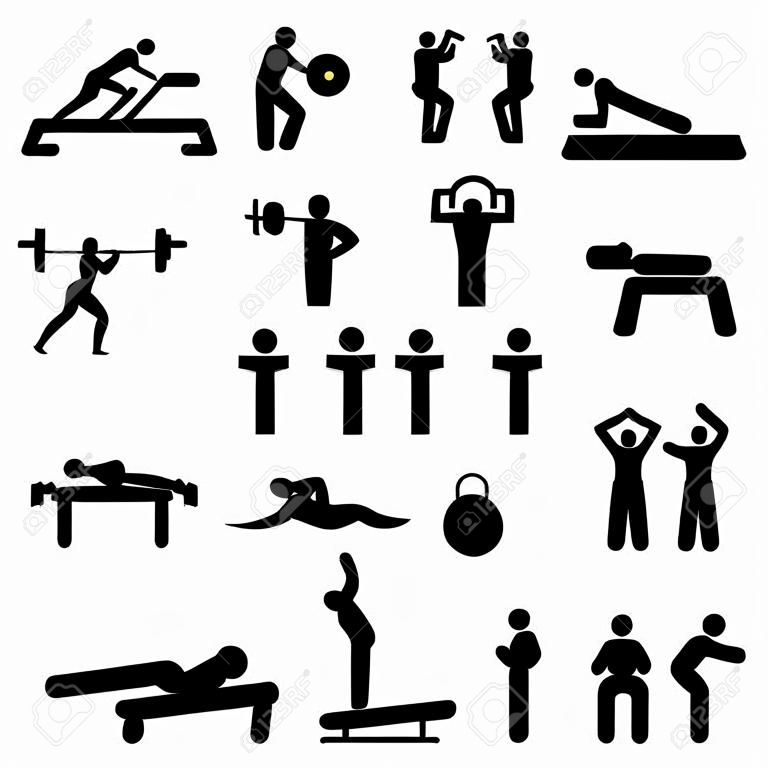 Oefening, fitness, gezondheid en sportschool pictogram set