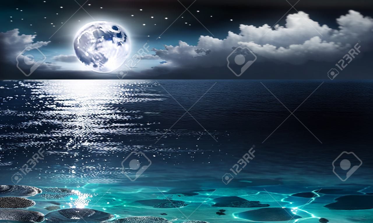 夜に海に満月とロマンチックで風光明媚なパノラマ