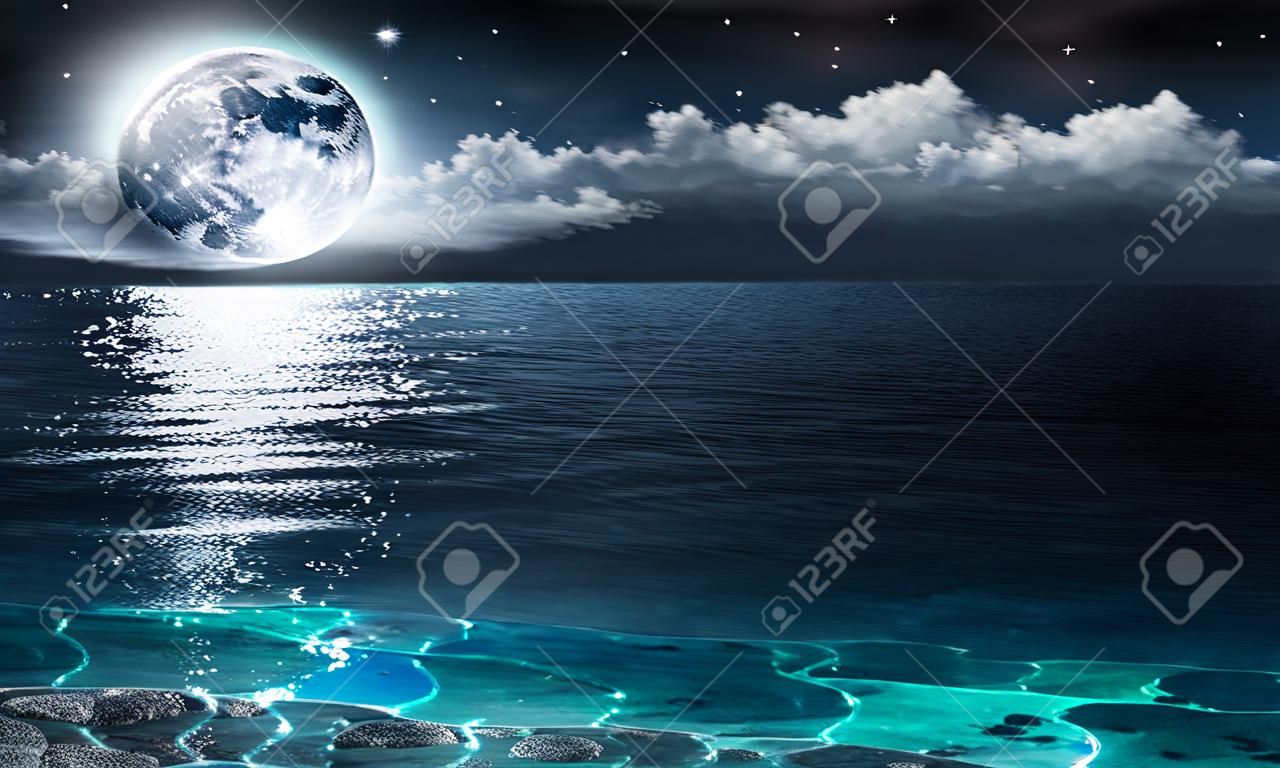 panorama romantico e paesaggistico con la luna piena sul mare di notte
