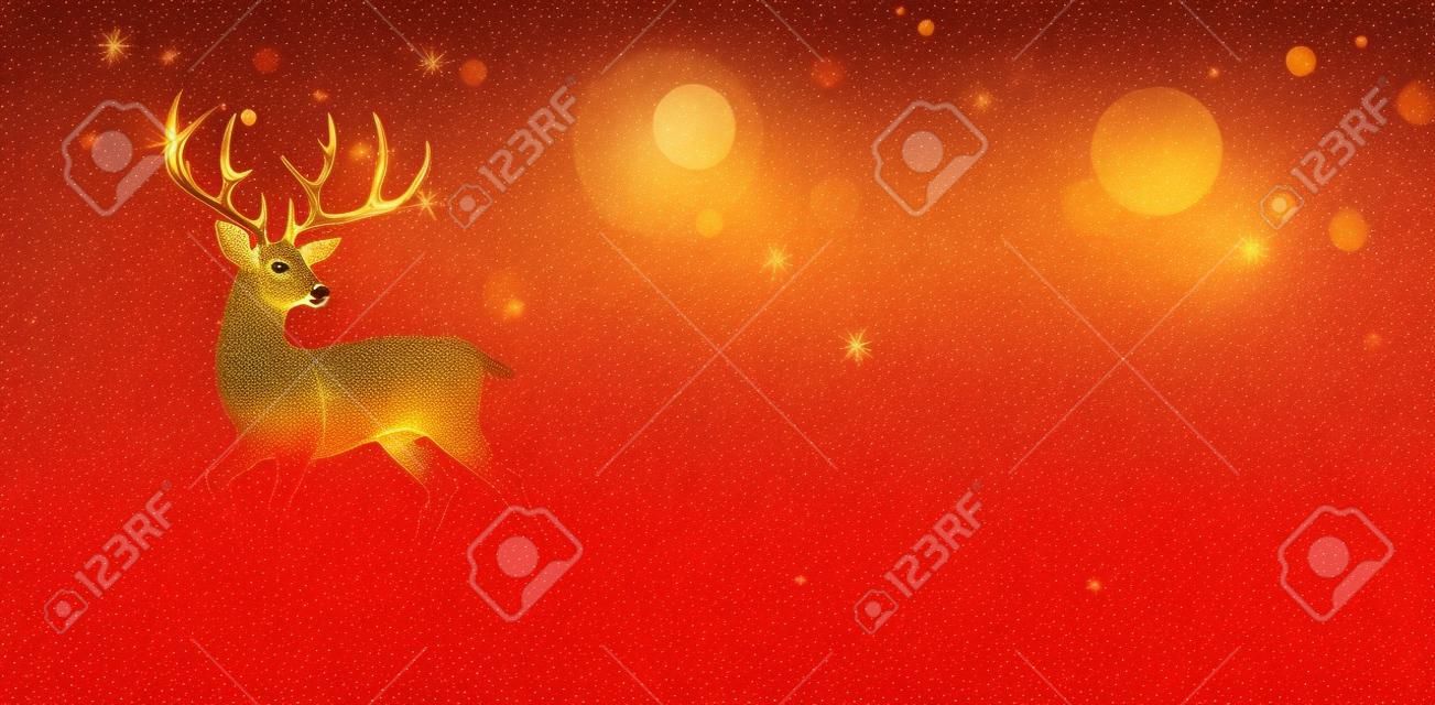 Kartka Świąteczna - Złoty Magiczny Jeleń W Błyszczącym Czerwonym Tle