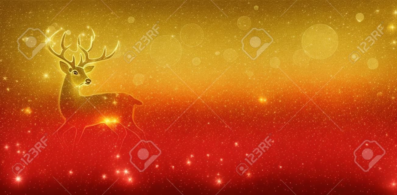 Kartka Świąteczna - Złoty Magiczny Jeleń W Błyszczącym Czerwonym Tle