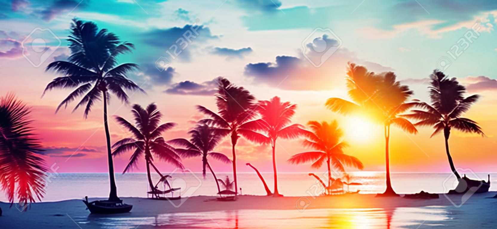 Sylwetki palm na tropikalnej plaży o zachodzie słońca - nowoczesne kolory vintage
