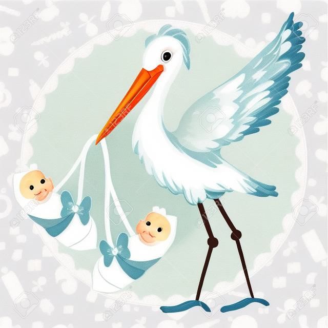 Cartão de saudações do bebê com cegonha e gêmeos