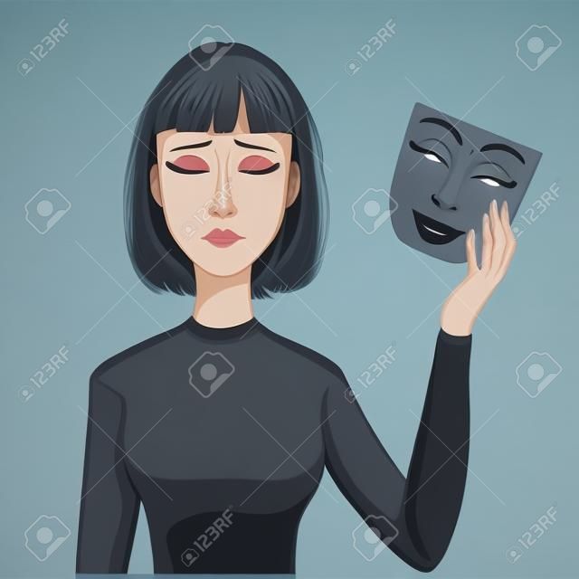 Mujer con la cara triste y la máscara de la cara feliz en su mano, eps10
