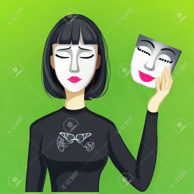 Femme avec le visage triste et le masque du visage heureux dans sa main, eps10