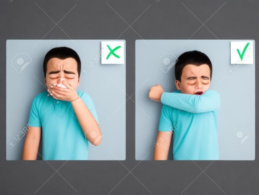 Conjunto de duas imagens com menino espirros na mão e cotovelo, o que é certo e errado, imagem