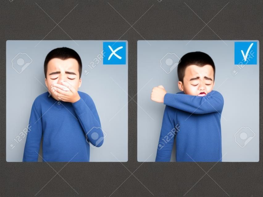 Conjunto de duas imagens com menino espirros na mão e cotovelo, o que é certo e errado, imagem
