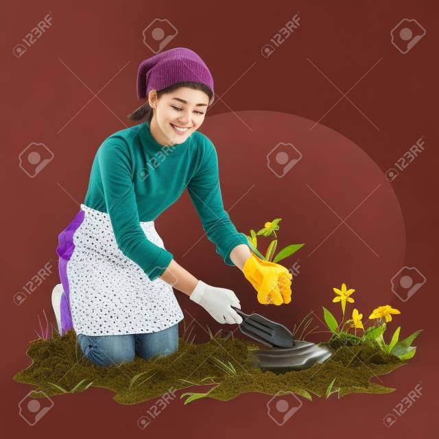 Young woman who plants flower in garden, in on hand she has shovel, in another flowers with soil