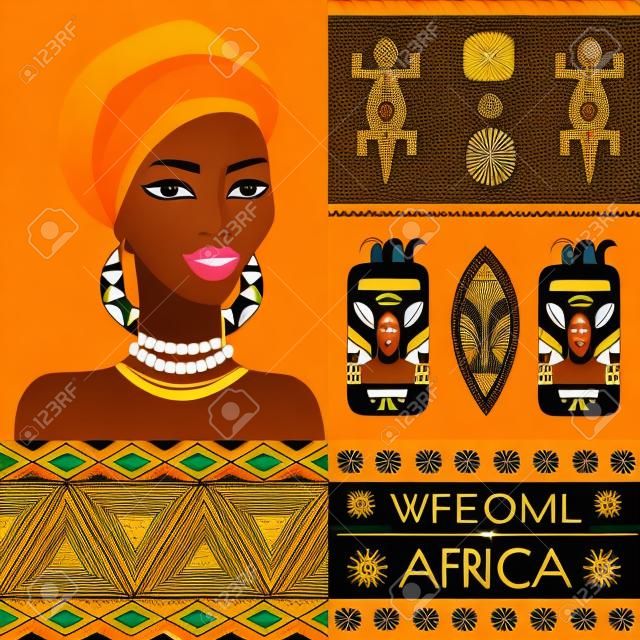 Illustrazione di Africa, con diversi simboli africani. Ritratto di donna africana. Gli elementi possono essere usati separatamente o come un concetto di design.