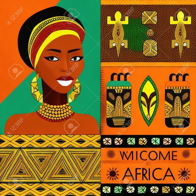 Illustration of Africa with different african symbols. African woman portrait. Elements can be used separately or as a design concept.