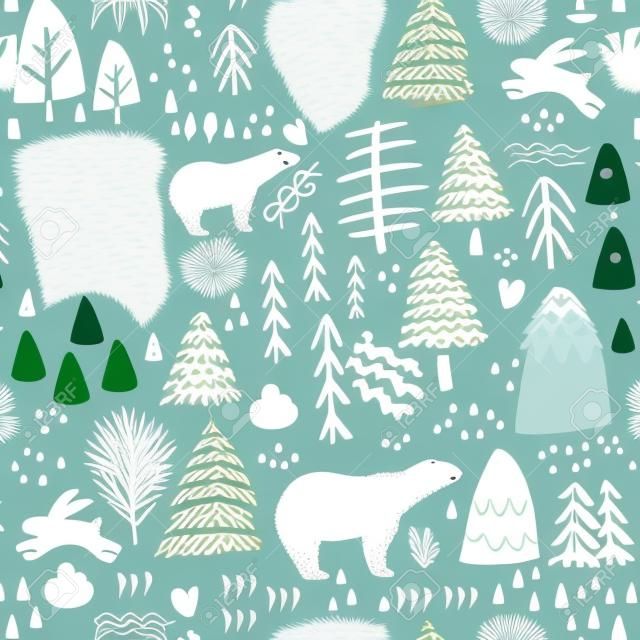 與兔子，北極熊，森林元素和手工繪製的形狀的無縫模式。幼稚的紋理。偉大的織物，紡織矢量圖