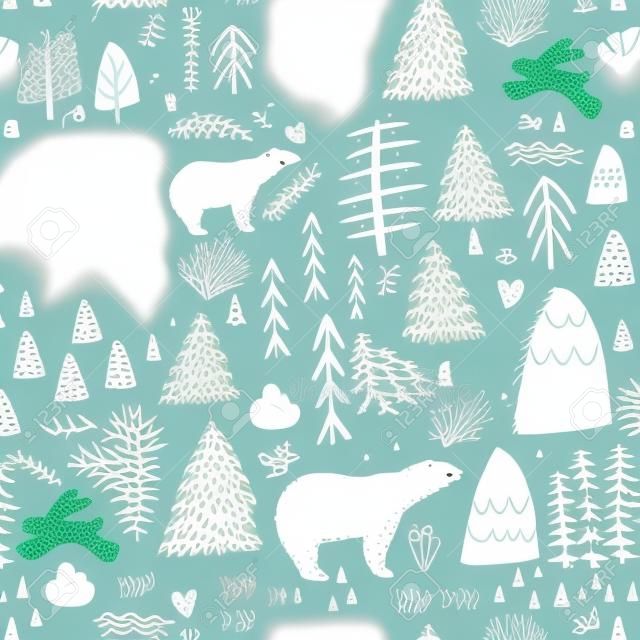 与兔子，北极熊，森林元素和手工绘制的形状的无缝模式。幼稚的纹理。伟大的织物，纺织矢量图