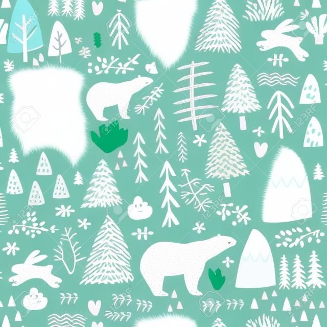 Бесшовный фон с кроликом, полярным медведем, элементами леса и рисованной формы. Детская фактура. Отлично подходит для ткани, текстиля векторные иллюстрации