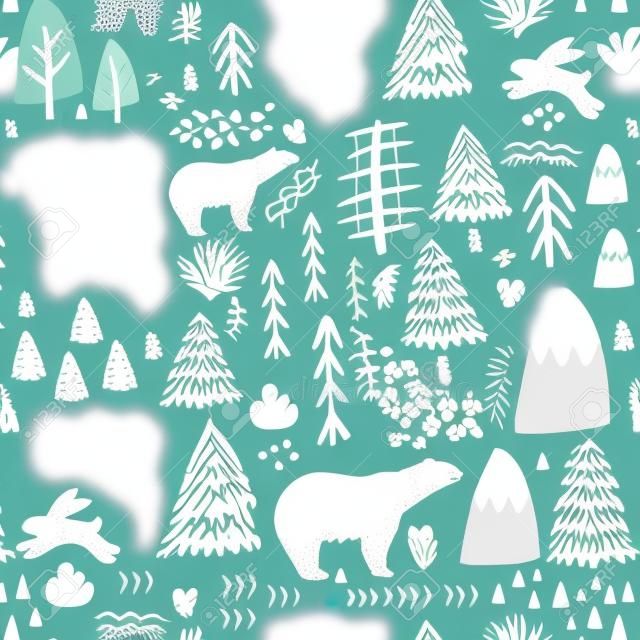 Naadloos patroon met konijntje, polaire beer, boselementen en met de hand getrokken vormen. Kindachtige textuur. Geweldig voor stof, textiel Vector Illustratie