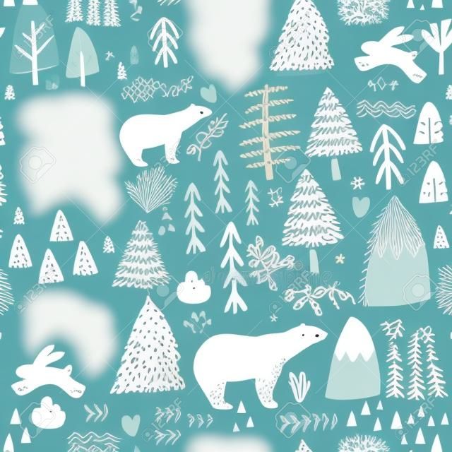 Nahtloses Muster mit Häschen, Eisbären, Waldelementen und Hand gezeichneten Formen. Kindische Textur Ideal für Gewebe, Textil-Vektor-Illustration