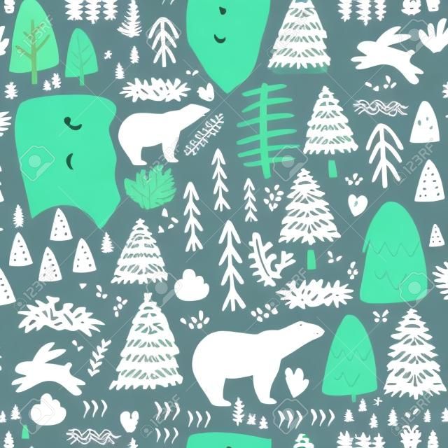 Nahtloses Muster mit Häschen, Eisbären, Waldelementen und Hand gezeichneten Formen. Kindische Textur Ideal für Gewebe, Textil-Vektor-Illustration