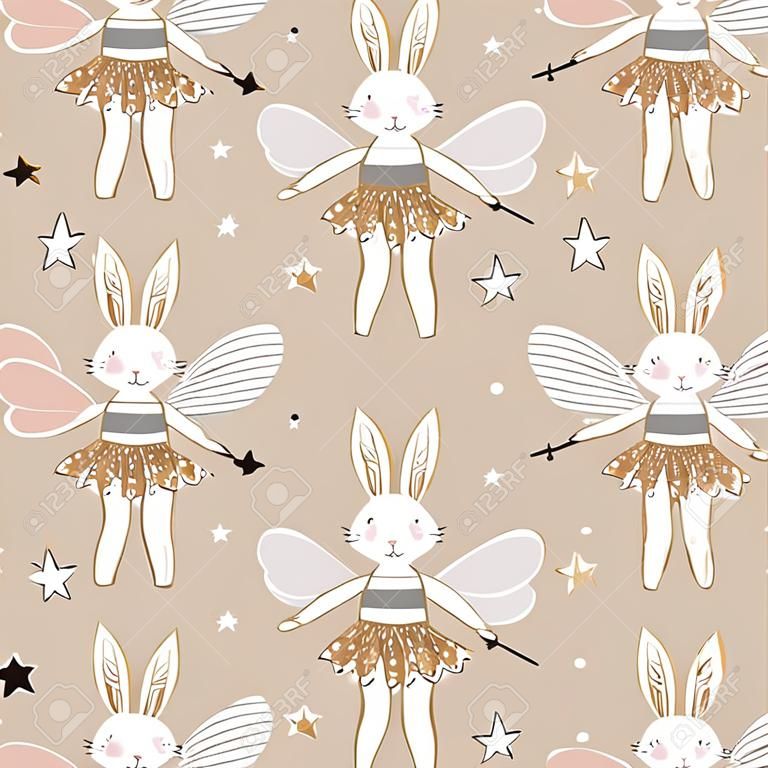 與可愛的兔子芭蕾舞演員與翅膀，星星，魔術棒的無縫模式。創造性的幼稚背景。非常適合孩子們的服裝，織物，紡織品，苗圃裝飾，包裝紙。矢量圖