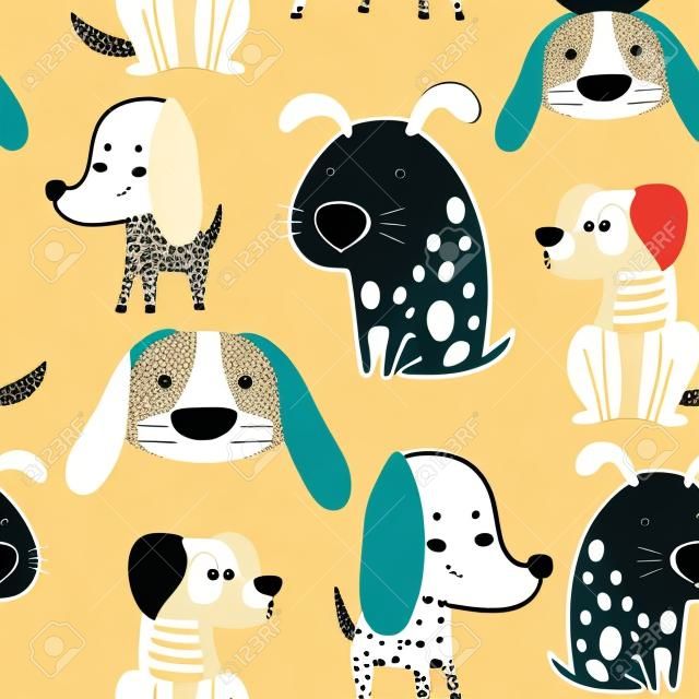 재미있는 창의적인 개들과 함께 유치한 매끄러운 패턴입니다. 트렌디한 스칸디나비아 벡터 배경입니다. 어린이 의류, 직물, 섬유, 보육 장식, 포장지에 적합합니다.