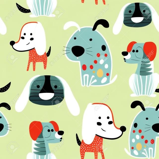 面白い創造的な犬と子供じみたシームレスなパターン。トレンディなスカンジナビアのベクトルの背景。子供のアパレル、生地、織物、保育園の装飾、包装紙に最適