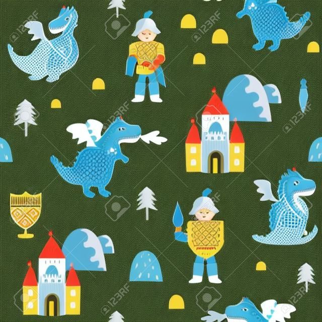 Padrão sem emenda infantil com cavaleiro, dragão e castelo em estilo escandinavo. Fundo infantil vector criativo para tecido, têxtil
