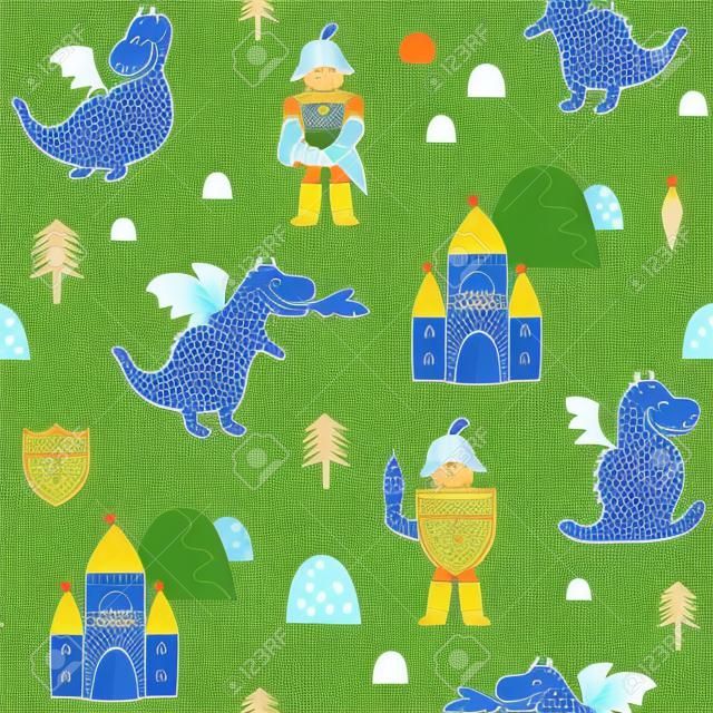 Padrão sem emenda infantil com cavaleiro, dragão e castelo em estilo escandinavo. Fundo infantil vector criativo para tecido, têxtil