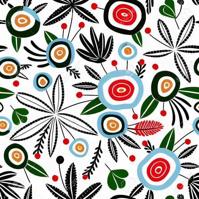 Seamless pattern with flowers, berries and leaves. Creative floral texture. Great for fabric, textile Vector Illustration