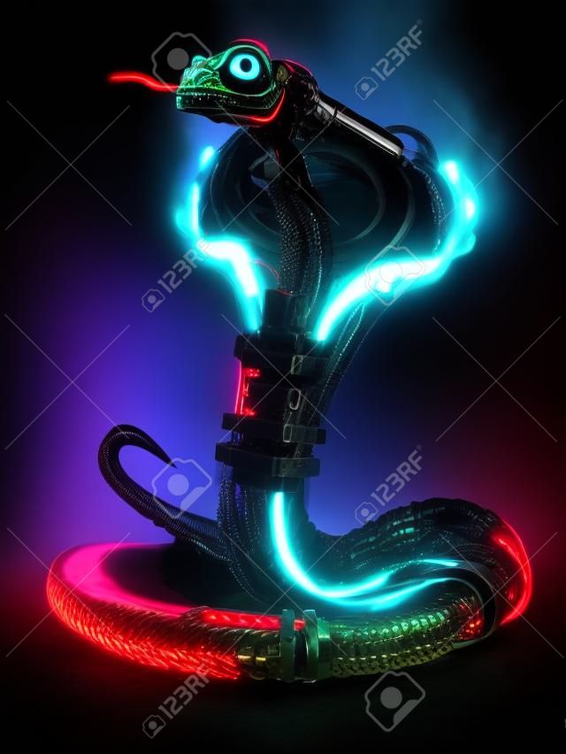 Robot cobra. cyberpunk, metal, fire, and rubber mechanical snake