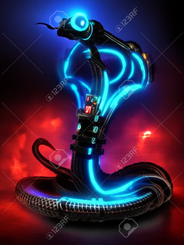 Robot cobra. cyberpunk, metal, fire, and rubber mechanical snake