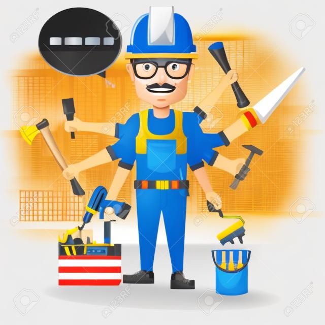 Construction worker with hand party. Vector set of builder with equipment and accessories isolate on color background. Building tools, repair, builder services. Vector image