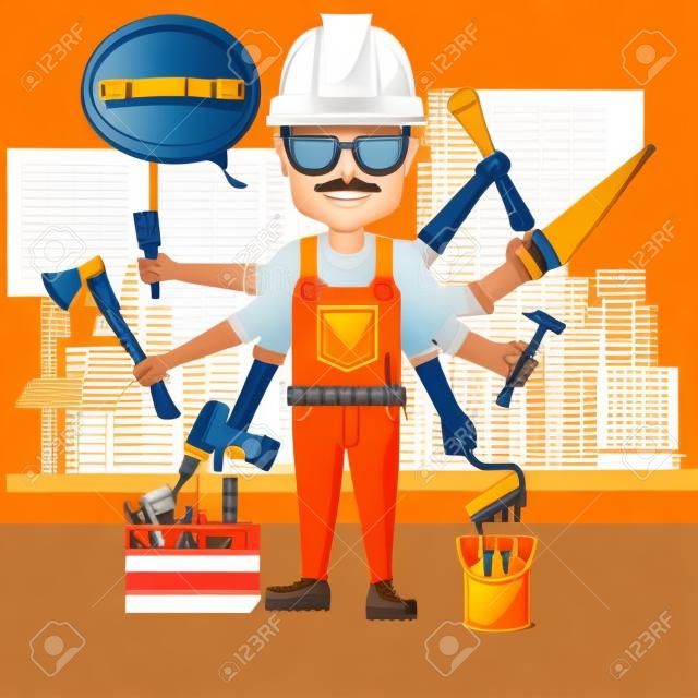 Construction worker with hand party. Vector set of builder with equipment and accessories isolate on color background. Building tools, repair, builder services. Vector image