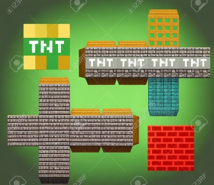 Papercraft Mini Dirt Block. Papercraft 5 Classic Blocks. Pixel background. The concept of games background. Minecraft concept. Vector illustration