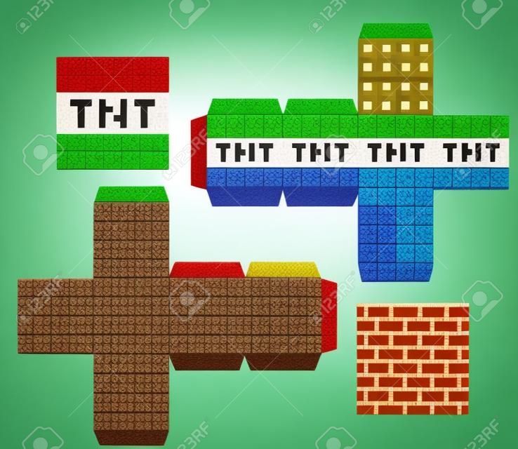 Papercraft Mini Dirt Block. Papercraft 5 Classic Blocks. Pixel background. The concept of games background. Minecraft concept. Vector illustration